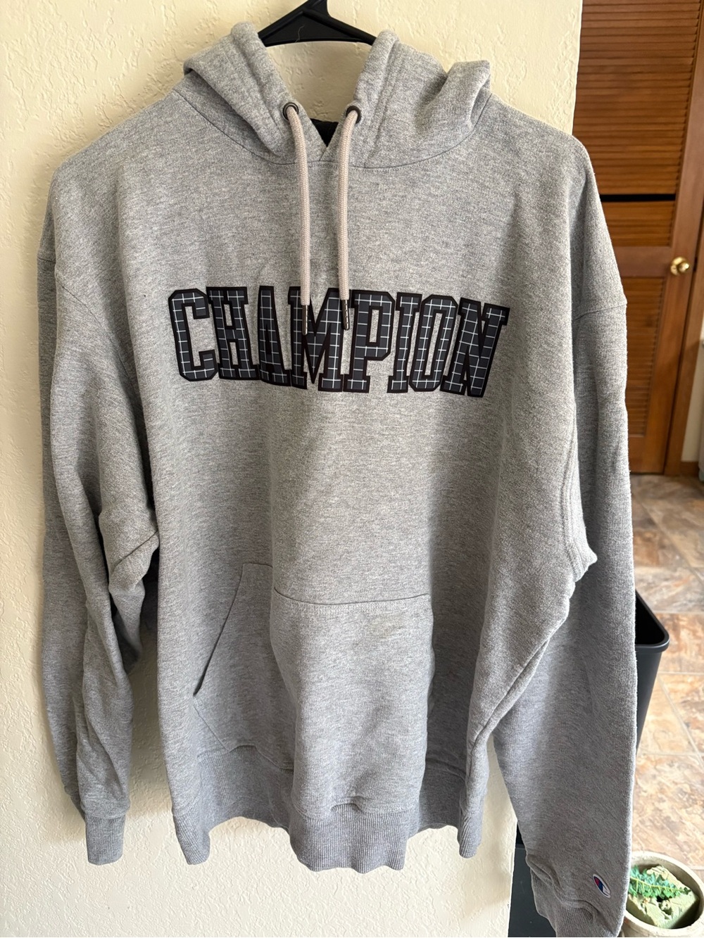 Champion Gray Pullover Hoodie with Navy Logo Accent